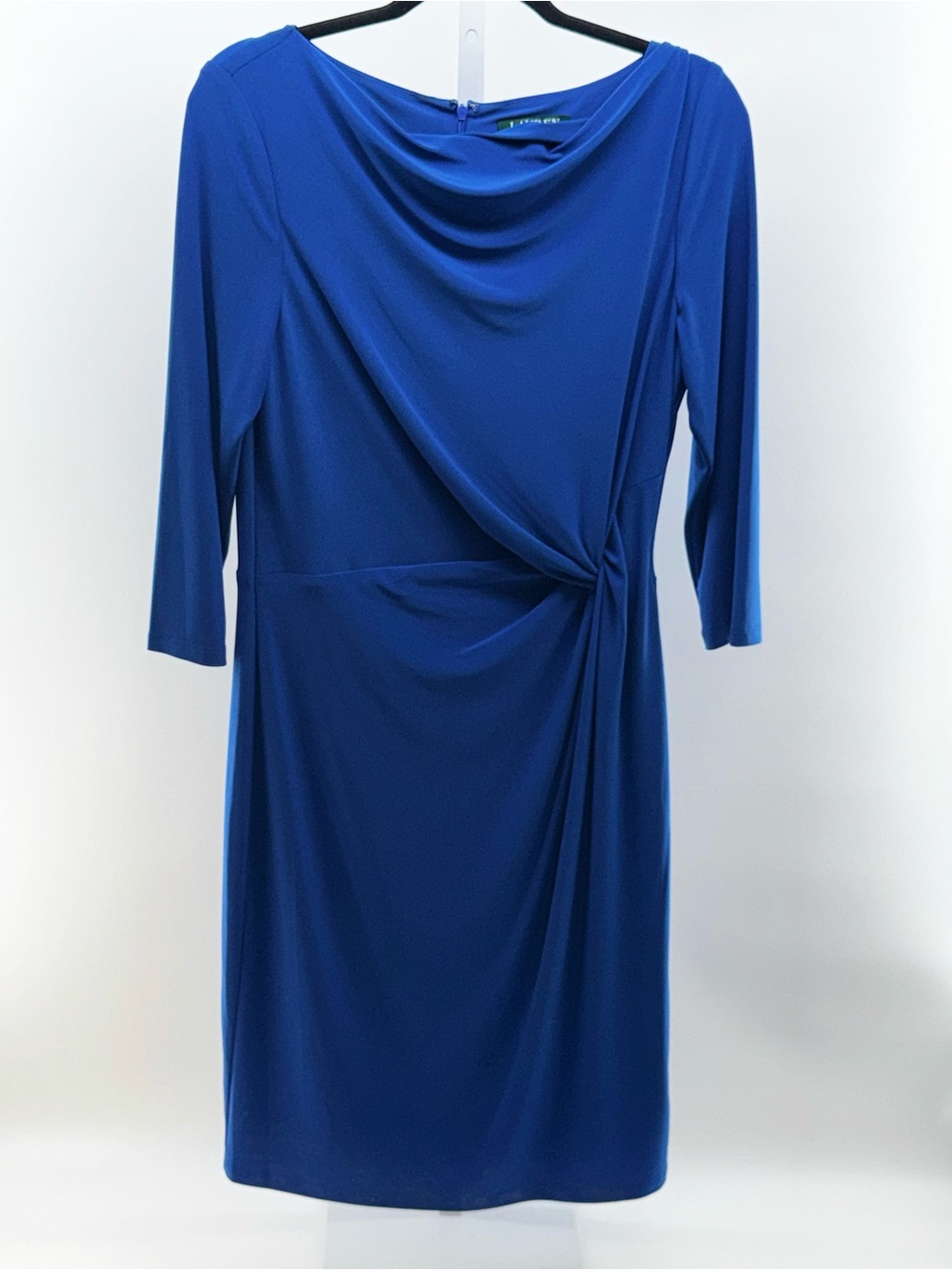 Ralph Lauren Royal Blue Draped Knot-Detail Long Sleeve Dress
